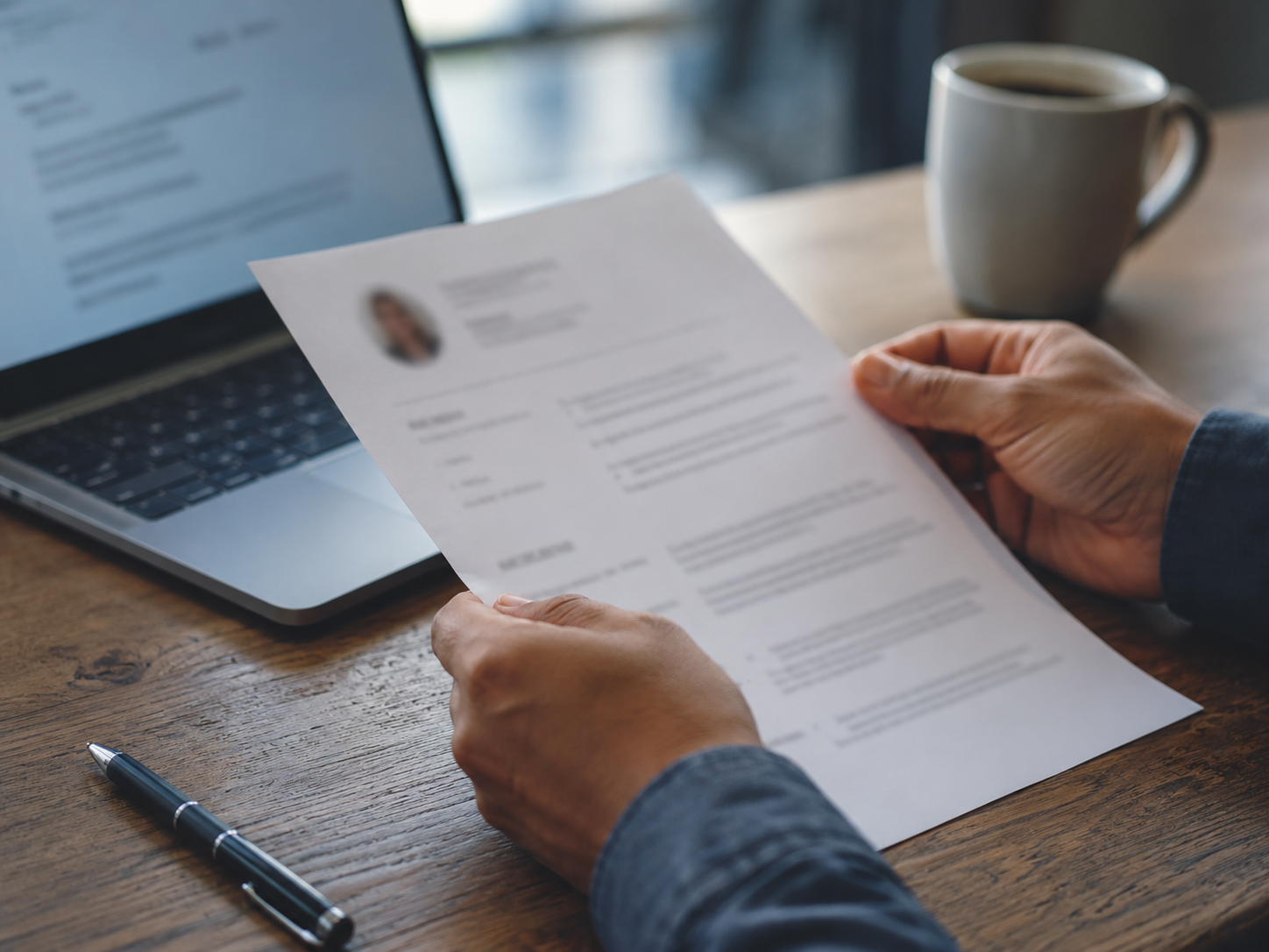 Hands holding a printed CV next to a laptop and a coffee cup